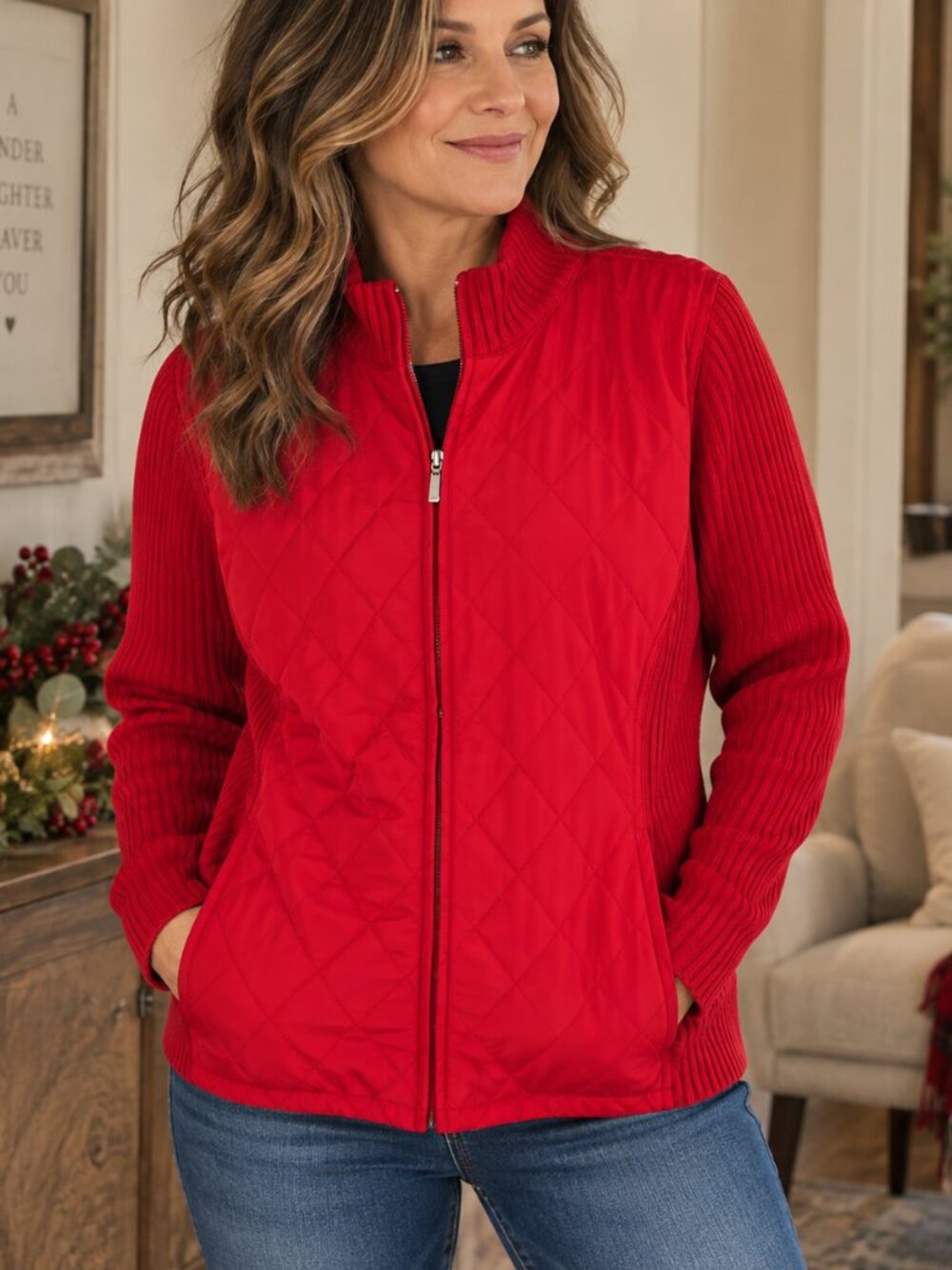 Croft & Barrow Women's XL Red Quilted Front Sweater Jacket Zip Cardigan